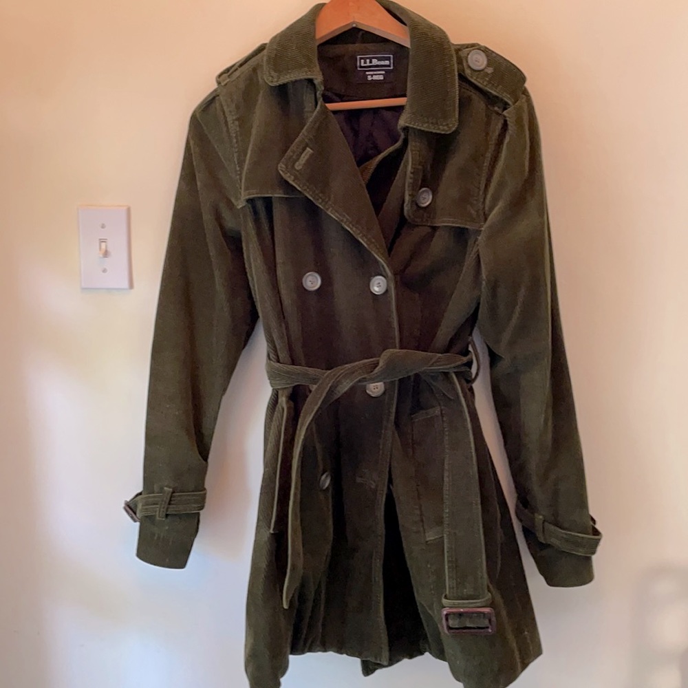LL Bean olive green fall trench coat cord, small